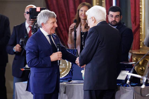 Il presidente della Repubblica Sergio Mattarella (dx) e il presidente della Lega Calcio Enzo Maria Simonelli al Quirinale in occasione dell™incontro con le delegazioni di Lazio e Inter, finaliste della Coppa Italia di calcio Frecciarossa 2025 2026, Roma, MartedÃ¬ 12 Maggio 2026 (Foto Roberto Monaldo LaPresse) President of the Republic Sergio Mattarella (right) and Enzo Maria Simonelli at the Quirinale during the meeting whit the delegations of the Lazio and Inter football teams, finalists of the 2025 2026 Frecciarossa Italian Cup, Rome, Tuesday, May 12, 2026  Copyright: xRobertoxMonaldo LaPressex