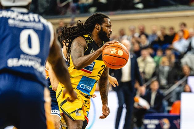 Rostock, Germany 12 May 2026 easyCredit BBL Play Ins 2025 2026 Rostock Seawolves vs MHP Riesen Ludwigsburg In the picture Traveon Buchanan MHP RIESEN Ludwigsburg Stadthalle Rostock Mecklenburg Vorpommern Copyright: xFotostandx xVoelkerx