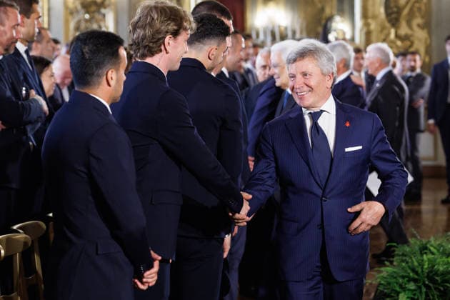 Il presidente della Lega Calcio Enzo Maria Simonelli al Quirinale in occasione dell™incontro tra il presidente della Repubblica Sergio Mattarella e le delegazioni di Lazio e Inter, finaliste della Coppa Italia di calcio Freccirossa 2025 2026, Roma, MartedÃ¬ 12 Maggio 2026 (Foto Roberto Monaldo LaPresse) Enzo Maria Simonelli at the Quirinale during the meeting between the President of the Republic Sergio Mattarella and the delegations of the Lazio and Inter football teams, finalists of the 2025 2026 Freccirossa Italian Cup, Rome, Tuesday, May 12, 2026  Copyright: xRobertoxMonaldo LaPressex