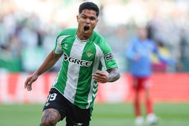 Real Betis v Elche CF. La Liga EA Sports. Date 36 Juan Camilo Cucho Hernandez of Real Betis celebrates after scoring the 1-0 during the La Liga EA Sports match between Real Betis and Elche CF, matchday 36, played at La Cartuja Stadium on May 12, 2026 in Sevilla, Spain. Contributor Copyright: xPressinphotox AP_260512_BET_ELC_2526_002