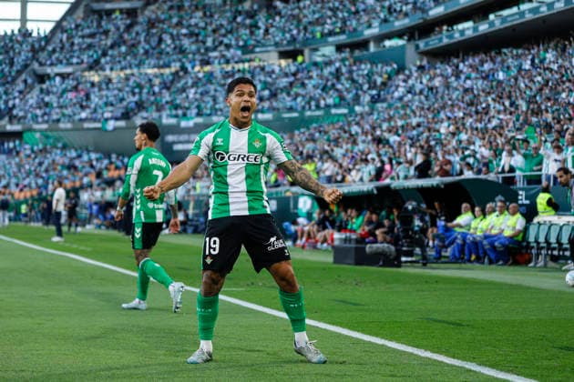 Real Betis v Elche CF. La Liga EA Sports. Date 36 Juan Camilo Cucho Hernandez of Real Betis celebrates after scoring the 1-0 during the La Liga EA Sports match between Real Betis and Elche CF, matchday 36, played at La Cartuja Stadium on May 12, 2026 in Sevilla, Spain. Contributor Copyright: xPressinphotox AP_260512_BET_ELC_2526_008