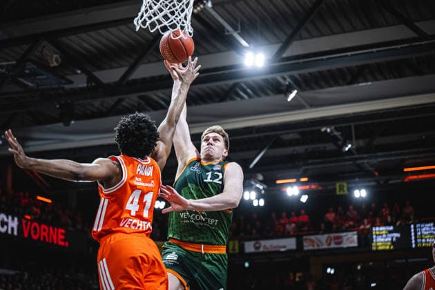 1 Basketball Bundesliga, easyCredit BBL, Season 2025 2026, Men, Play Ins, Match for 7th place, 12 05 2026, RASTA Vechta Gladiators Trier Marten Linssen 12 VET CONCEPT Gladiators Trier at the Dunk Vechta RASTA Dome Lower Saxony Germany