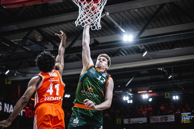 1 Basketball Bundesliga, easyCredit BBL, Season 2025 2026, Men, Play Ins, Match for 7th place, 12 05 2026, RASTA Vechta Gladiators Trier Marten Linssen 12 VET CONCEPT Gladiators Trier at the Dunk Vechta RASTA Dome Lower Saxony Germany
