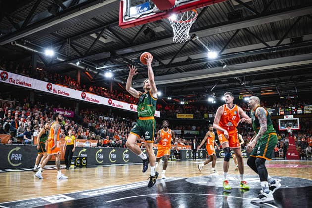 1 Basketball Bundesliga, easyCredit BBL, Season 2025 2026, Men, Play Ins, Match for 7th place, 12 05 2026, RASTA Vechta Gladiators Trier Marco Hollersbacher 9 VET CONCEPT Gladiators Trier at the Korbleger Vechta RASTA Dome Niedersachsen Germany