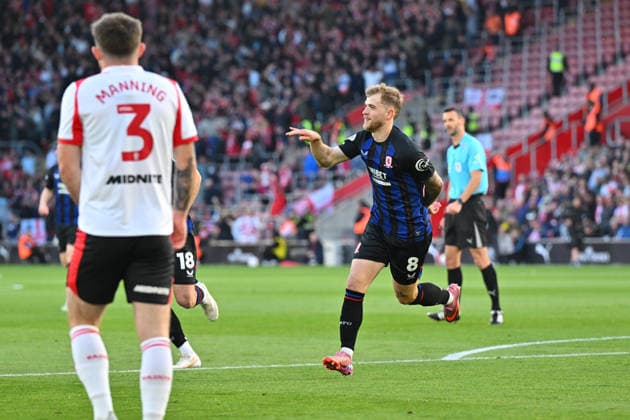 Southampton v Middlesbrough, EFL Sky Bet Championship, Play Off Second Leg Goal 0-1 - Riley McGree (8) of Middlesbrough celebrates scoring the opening goal during the EFL Sky Bet Championship Play Off Second Leg match between Southampton and Middlesbrough at the St Mary s Stadium, Southampton, UK on 12 May 2026. Southampton St Mary s Stadium Hampshire UK Editorial use only DataCo restrictions apply See www.football-dataco.com , Copyright: xGrahamxHuntx PSI-24239-0042