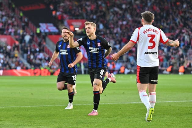 Southampton v Middlesbrough, EFL Sky Bet Championship, Play Off Second Leg Goal 0-1 - Riley McGree (8) of Middlesbrough celebrates scoring the opening goal during the EFL Sky Bet Championship Play Off Second Leg match between Southampton and Middlesbrough at the St Mary s Stadium, Southampton, UK on 12 May 2026. Southampton St Mary s Stadium Hampshire UK Editorial use only DataCo restrictions apply See www.football-dataco.com , Copyright: xGrahamxHuntx PSI-24239-0043