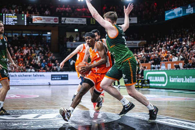 1 Basketball Bundesliga, easyCredit BBL, Season 2025 2026, Men, Play Ins, Match for 7th place, 12 05 2026, RASTA Vechta Gladiators Trier Malik Parsons 3 RASTA Vechta in action Vechta RASTA Dome Lower Saxony Germany