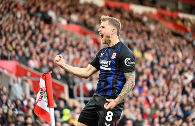 Southampton v Middlesbrough Sky Bet Championship Riley McGree of Middlesbrough celebrates after scoring his sides first goal during the Southampton v Middlesbrough Sky Bet Championship Play-Off Semi-Final Second Leg match at the St Mary s Stadium, Southampton 12 05 2026 UK Newspapers OUT Copyright: xPaulxBlakex FIL-23421-0020