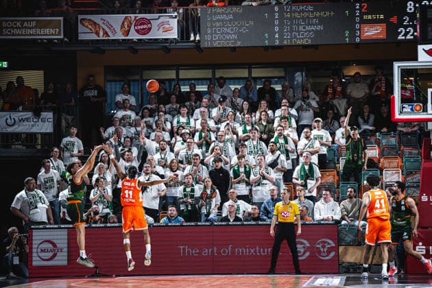 1 Basketball Bundesliga, easyCredit BBL, Season 2025 2026, Men, Play Ins, Match for 7th place, 12 05 2026, RASTA Vechta Gladiators Trier The fans of the VET CONCEPT Gladiators Trier during the game Vechta RASTA Dome Lower Saxony Germany