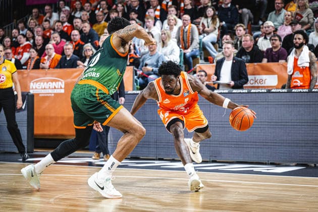 1 Basketball Bundesliga, easyCredit BBL, Season 2025 2026, Men, Play Ins, Match for 7th place, 12 05 2026, RASTA Vechta Gladiators Trier TJ Bamba 5 RASTA Vechta in action Vechta RASTA Dome Lower Saxony Germany