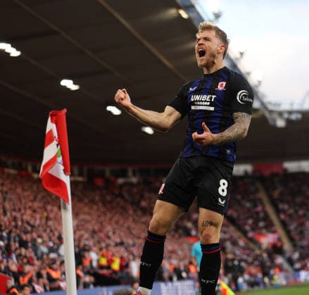 Football - 2025 2026 EFL Sky Bet Championship - Play-Off - Second Semi-Final - Southampton vs Middlesbrough - St Mary™s Stadium - Tuesday 12th May 2026 Riley McGree of Middlesbrough celebrates scoring during the Championship play-off semi-final second leg match at St Mary™s Stadium COLORSPORT Shaun Boggust 