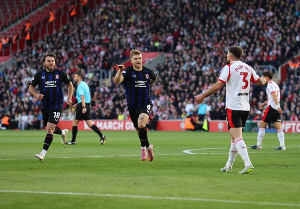 Football - 2025 2026 EFL Sky Bet Championship - Play-Off - Second Semi-Final - Southampton vs Middlesbrough - St Mary™s Stadium - Tuesday 12th May 2026 Riley McGree of Middlesbrough celebrates scoring during the Championship play-off semi-final second leg match at St Mary™s Stadium COLORSPORT Shaun Boggust 