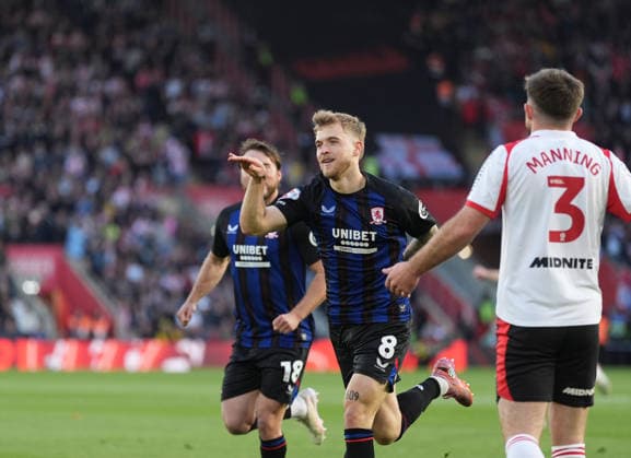 Southampton v Middlesbrough, EFL Sky Bet Championship, Play-Off Semi Final, Second Leg Football, St Marys Stadium, Southampton, UK - 12 May 2026 GOAL 0-1. Riley McGree of Middlesbrough celebrates after scoring the opening goal. Southampton St Marys Stadium Southampton UK, UK NEWSPAPERS OUT Copyright: xSeanxRyanx
