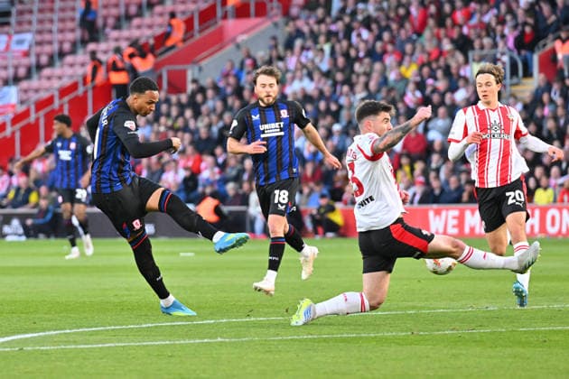 Southampton v Middlesbrough, EFL Sky Bet Championship, Play Off Second Leg Morgan Whittaker (11) of Middlesbrough shoots at goal during the EFL Sky Bet Championship Play Off Second Leg match between Southampton and Middlesbrough at the St Mary s Stadium, Southampton, UK on 12 May 2026. Southampton St Mary s Stadium Hampshire UK Editorial use only DataCo restrictions apply See www.football-dataco.com , Copyright: xGrahamxHuntx PSI-24239-0057