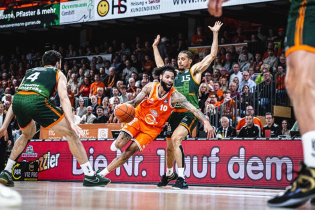 1 Basketball Bundesliga, easyCredit BBL, Season 2025 2026, Men, Play Ins, Match for 7th place, 12 05 2026, RASTA Vechta Gladiators Trier Tevin Brown 10 RASTA Vechta in action Vechta RASTA Dome Lower Saxony Germany