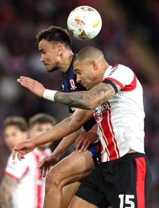 Nathan Wood of Southampton and David Strelec of Middlesbrough in action Southampton v Middlesbrough, EFL Sky Bet Championship, Play-Off Semi Final, Second Leg, Football, St Mary s Stadium, Southampton, UK - 12 May 2026Southampton St Mary s Stadium United Kingdom EDITORIAL USE ONLY No use with unauthorised audio, video, data, fixture lists, club league logos or live services. Online in-match use limited to 120 images, no video emulation. No use in betting, games or single club league player publications. Copyright: xKieranxMcManus Shutterstockx 16871478bb