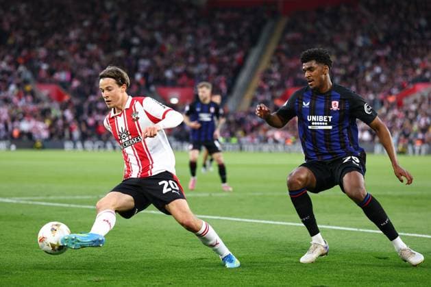 Caspar Jander of Southampton under pressure from Adilson Malanda of Middlesbrough Southampton v Middlesbrough, EFL Sky Bet Championship, Play-Off Semi Final, Second Leg, Football, St Mary s Stadium, Southampton, UK - 12 May 2026Southampton St Mary s Stadium United Kingdom EDITORIAL USE ONLY No use with unauthorised audio, video, data, fixture lists, club league logos or live services. Online in-match use limited to 120 images, no video emulation. No use in betting, games or single club league player publications. Copyright: xSimonxDael Shutterstockx 16871476aw