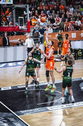 1 Basketball Bundesliga, easyCredit BBL, Season 2025 2026, Men, Play Ins, Match for 7th place, 12 05 2026, RASTA Vechta Gladiators Trier Tibor Pleiß 22 RASTA Vechta at the Korbleger Vechta RASTA Dome Niedersachsen Germany