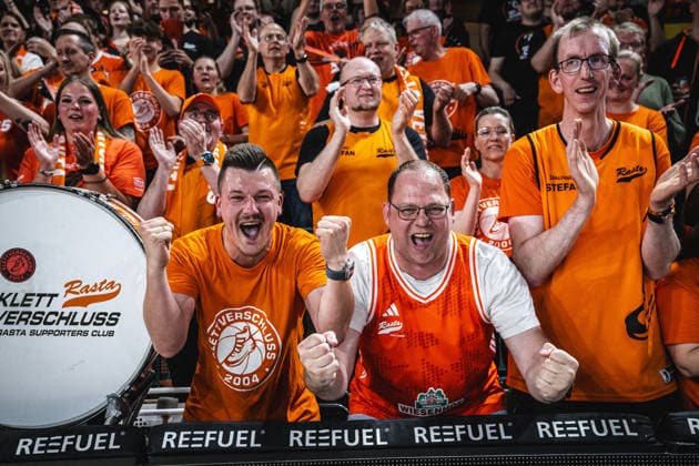 1 Basketball Bundesliga, easyCredit BBL, Season 2025 2026, Men, Play Ins, Match for 7th place, 12 05 2026, RASTA Vechta Gladiators Trier Klettverschluss Fanclub RASTA Vechta after the match Vechta RASTA Dome Niedersachsen Germany