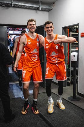 1 Basketball Bundesliga, easyCredit BBL, Season 2025 2026, Men, Play Ins, Match for 7th place, 12 05 2026, RASTA Vechta Gladiators Trier Linus Trettin 15 RASTA Vechta and Joschka Ferner 9 RASTA Vechta shows emotions after the game Vechta RASTA Dome Lower Saxony Germany