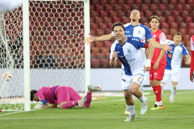 Grasshopper FC Winterthur goal celebration Dirk Abels GC after the goal to 3 2 12 05 2026 Stadion Letzigrund Zuerich , SWITZERLAND, Season 2025 2026 Men Soccer Super League Grasshopper Club Zuerich FC Winterthur goal celebration Dirk Abels GC after the goal to 3 2 against goalkeeper Stefanos Kapino FCW