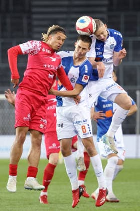 Grasshopper FC Winterthur Nishan Burkart vs Tim Meyer and Maximilian Ullmann 12 05 2026 Stadium Letzigrund Zuerich , SWITZERLAND, Season 2025 2026 Men Soccer Super League Grasshopper Club Zuerich FC Winterthur Nishan Burkart left,FCW vs Tim Meyer middle and Maximilian Ullmann GC