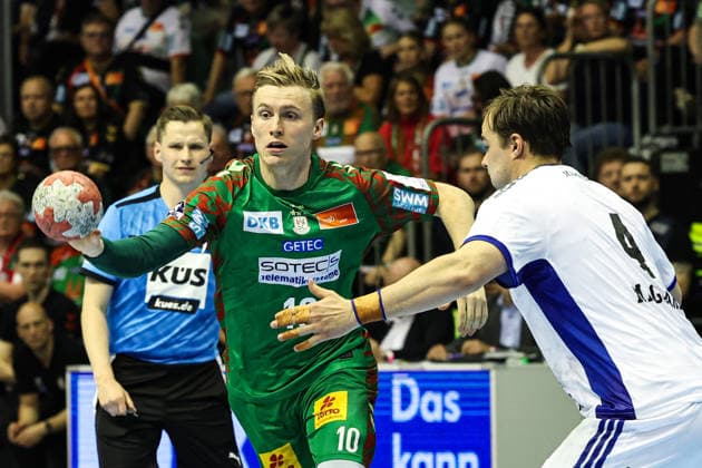 Gisli Kristjansson SC Magdeburg,10 vs Andreas Magaard HSV Hamburg,4 Handball Bundesliga Season 2025 2026 SC Magdeburg vs HSV Hamburg at the GETEC Arena in Magdeburg Action,Handball,Germany,10 05 2026