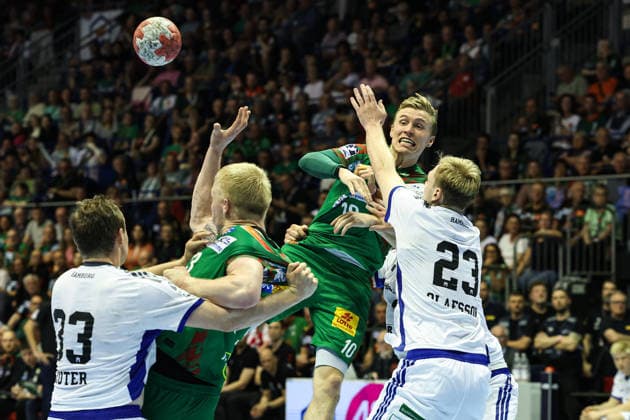Gisli Kristjansson SC Magdeburg,10 vs Einar Olafsson HSV Hamburg,23 Handball Bundesliga Season 2025 2026 SC Magdeburg vs HSV Hamburg at the GETEC Arena in Magdeburg Action,Handball,Germany,10 05 2026