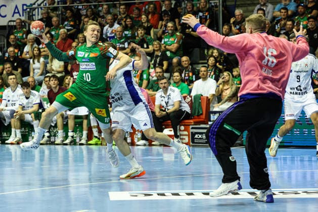 Gisli Kristjansson SC Magdeburg,10 vs Goalkeeper Robin Haug HSV Hamburg,16 Handball Bundesliga Season 2025 2026 SC Magdeburg vs HSV Hamburg at the GETEC Arena in Magdeburg Action,Handball,Germany,10 05 2026