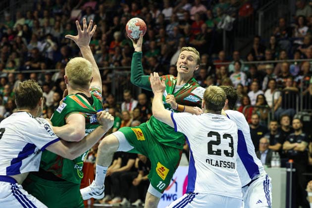 Gisli Kristjansson SC Magdeburg,10 vs Einar Olafsson HSV Hamburg,23 Handball Bundesliga Season 2025 2026 SC Magdeburg vs HSV Hamburg at the GETEC Arena in Magdeburg Action,Handball,Germany,10 05 2026