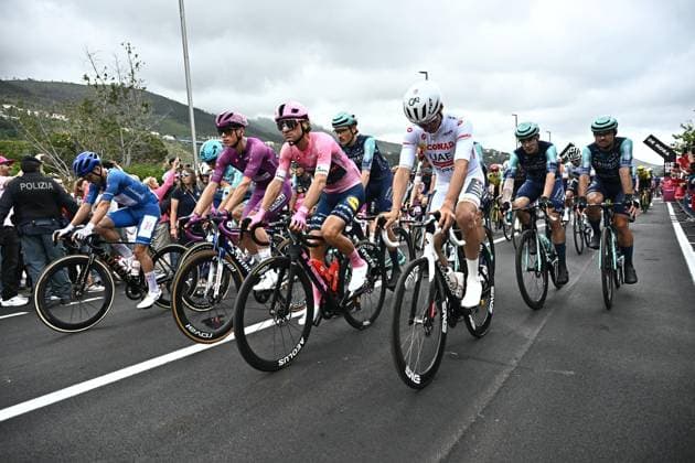 May 13, 2026, Praia A Mare, ITALY: Spanish rider Diego Pablo Sevilla of Team Polti Visitmalta wearing the best climber s blue jersey, french Paul Magnier of Soudal Quick-Step Team wearing the points classification leader s cyclamen jersey, italian rider Giulio Ciccone of L8dl Trek team wearing the overall leader s pink jersey, swiss rider Jan Christen of Uae Team Emirates Xrg wearing the best young rider s white jersey, at the start for the 05th stage of the 109 Giro d Italia 2026, cycling race over 203 km from Praia a Mare to Potenza, 13 May 2026. ANSA LUCA ZENNARO. Giro D Italia Cycling Tour - Stage 05  - ZUMAa110 20260513_zaf_a110_009 Copyright: xLucaxZennarox