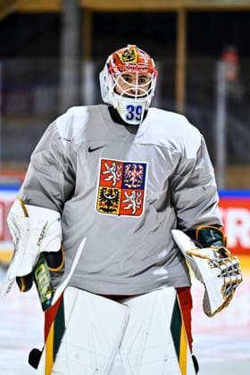 Goalkeeper Dominik Pavlat attends Czech national Ice hockey, Eishockey team training session at the 2026 IIHF Ice Hockey World Championship, WM, Weltmeisterschaft in Fribourg, Switzerland, on May 13, 2026. (CTKxPhoto RadekxPetrasek) CTKPhotoP2026051304218  CTKPhotoP2026051304218