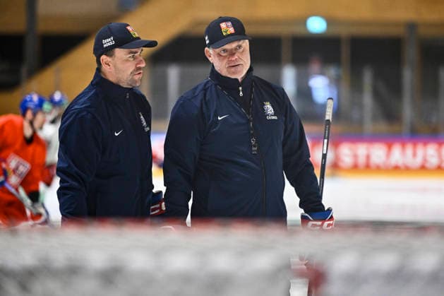 L-R assistant coach Marek Zidlicky and head coach Radim Rulik attend Czech national Ice hockey, Eishockey team training session at the 2026 IIHF Ice Hockey World Championship, WM, Weltmeisterschaft in Fribourg, Switzerland, on May 13, 2026. (CTKxPhoto RadekxPetrasek) CTKPhotoP2026051304249  CTKPhotoP2026051304249
