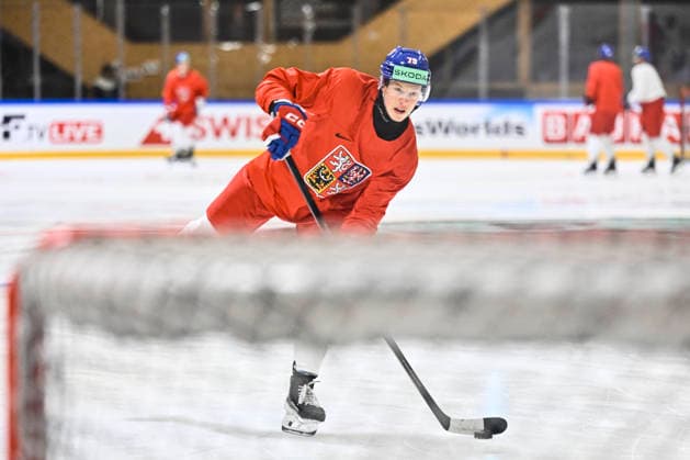 Tomas Galvas attends Czech national Ice hockey, Eishockey team training session at the 2026 IIHF Ice Hockey World Championship, WM, Weltmeisterschaft in Fribourg, Switzerland, on May 13, 2026. (CTKxPhoto RadekxPetrasek) CTKPhotoP2026051304267  CTKPhotoP2026051304267