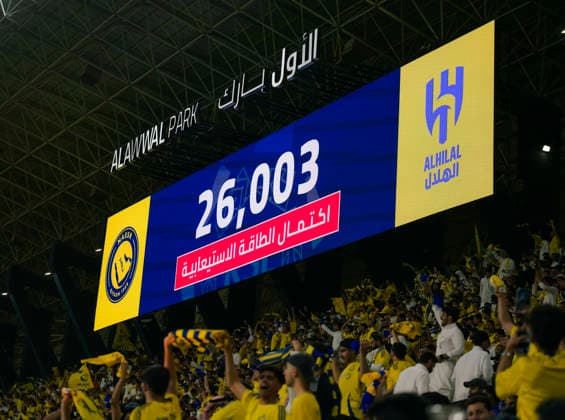 RIYADH, SAUDI ARABIA - MAY 12: General view of the scoreboard displaying the attendance of 26,003 fans at the Saudi Pro League match between Al Nassr and Al Hilal at Al Awwal Park on May 12, 2026 in Riyadh, Saudi Arabia.  Copyright: xKhalidxAlhaj MBxMediax