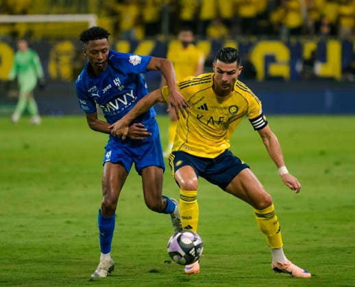 RIYADH, SAUDI ARABIA - MAY 12: Cristiano Ronaldo of Al Nassr battles for the ball during the Saudi Pro League match between Al Nassr and Al Hilal at Al Awwal Park on May 12, 2026 in Riyadh, Saudi Arabia.  Copyright: xKhalidxAlhaj MBxMediax