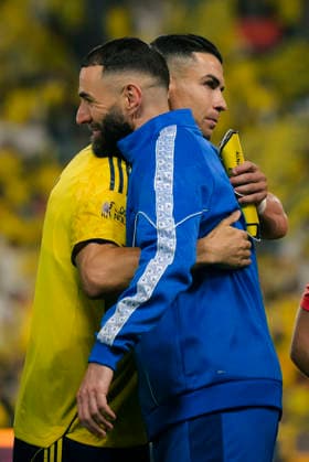 RIYADH, SAUDI ARABIA - MAY 12: Cristiano Ronaldo of Al Nassr hugs Karim Benzema of Al Hilal before the Saudi Pro League match between Al Nassr and Al Hilal at Al Awwal Park on May 12, 2026 in Riyadh, Saudi Arabia.  Copyright: xKhalidxAlhaj MBxMediax