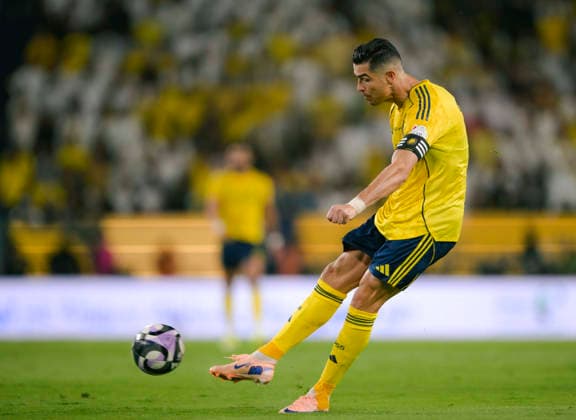RIYADH, SAUDI ARABIA - MAY 12: Cristiano Ronaldo of Al Nassr has a shot at goal during the Saudi Pro League match between Al Nassr and Al Hilal at Al Awwal Park on May 12, 2026 in Riyadh, Saudi Arabia.  Copyright: xKhalidxAlhaj MBxMediax