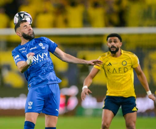 RIYADH, SAUDI ARABIA - MAY 12: Karim Benzema of Al Hilal headers the ball during the Saudi Pro League match between Al Nassr and Al Hilal at Al Awwal Park on May 12, 2026 in Riyadh, Saudi Arabia.  Copyright: xKhalidxAlhaj MBxMediax