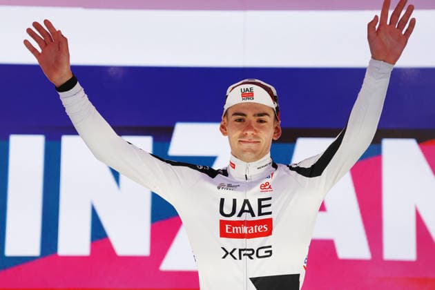 Spain™s Igor Arrieta Lizarraga of UAE Team Emirates XRG winner on the podium during Stage 5 of the Giro d™Italia, from Praia a Mare to Potenza, Italy, Wednesday, May 13, 2026.  Copyright: xGianxMattiaxD Albertox xLaPressex