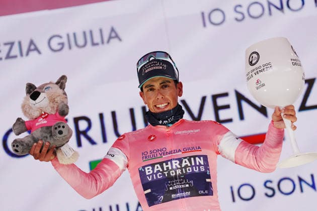 Portugal™s Afonso Oliveira Eulalio of Bahrain Victorious pink jersey on the podium during Stage 5 of the Giro d™Italia, from Praia a Mare to Potenza, Italy, Wednesday, May 13, 2026.  Copyright: xGianxMattiaxD Albertox xLaPressex