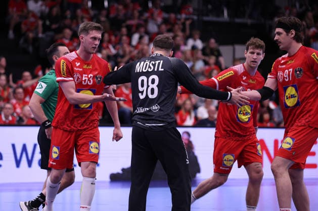HANDBALL - IHF WC quali, AUT vs POL GRAZ,AUSTRIA,13.MAY.26 - HANDBALL - IHF World Championship, WM, Weltmeisterschaft 2027, European qualification, play off, OEHB international match, Länderspiel, Nationalmannschaft Austria vs Poland. Image shows Mykola Bilyk, Constantin Moestl, Lukas Herburger and Michael Miskovez (Austria). GEPAxpictures xChrisxBauer