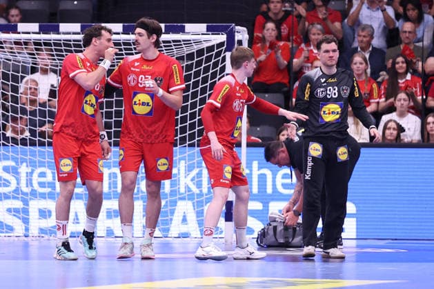 HANDBALL - IHF WC quali, AUT vs POL GRAZ,AUSTRIA,13.MAY.26 - HANDBALL - IHF World Championship, WM, Weltmeisterschaft 2027, European qualification, play off, OEHB international match, Länderspiel, Nationalmannschaft Austria vs Poland. Image shows Elias Kofler, Michael Miskovez, Mykola Bilyk and Constantin Moestl (Austria). GEPAxpictures xChrisxBauer