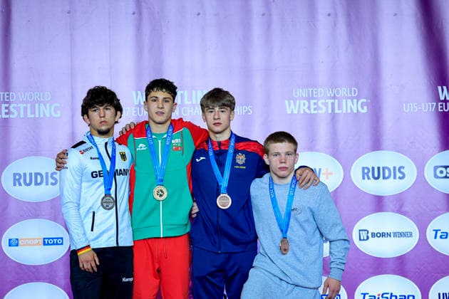 U17 Wrestling European Championships Podium 60kg GR Gold Georgi Petrov Markov BUL , Silver Christiano Liebzeit GER , Bronze Vlad Duminica MDA , Mikhail Stepanov RUS
