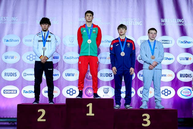 U17 Wrestling European Championships Podium 60kg GR Gold Georgi Petrov Markov BUL , Silver Christiano Liebzeit GER , Bronze Vlad Duminica MDA , Mikhail Stepanov RUS