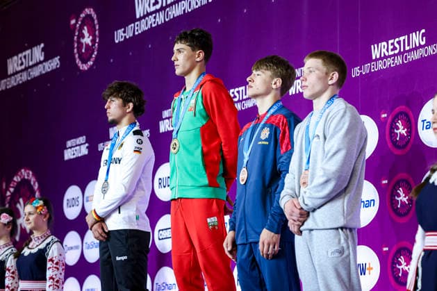 U17 Wrestling European Championships Podium 60kg GR Gold Georgi Petrov Markov BUL , Silver Christiano Liebzeit GER , Bronze Vlad Duminica MDA , Mikhail Stepanov RUS