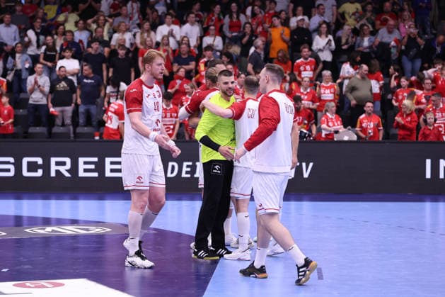 HANDBALL - IHF WC quali, AUT vs POL GRAZ,AUSTRIA,13.MAY.26 - HANDBALL - IHF World Championship, WM, Weltmeisterschaft 2027, European qualification, play off, OEHB international match, Länderspiel, Nationalmannschaft Austria vs Poland. Image shows the rejoicing of Poland. GEPAxpictures xChrisxBauer