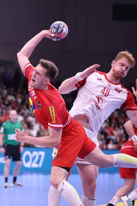 HANDBALL - IHF WC quali, AUT vs POL GRAZ,AUSTRIA,13.MAY.26 - HANDBALL - IHF World Championship, WM, Weltmeisterschaft 2027, European qualification, play off, OEHB international match, Länderspiel, Nationalmannschaft Austria vs Poland. Image shows Mykola Bilyk (Austria) and Tomasz Gebala (Poland). GEPAxpictures xChrisxBauer