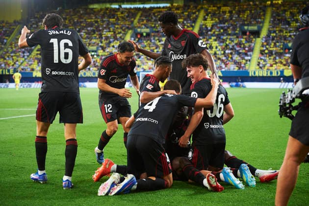 Sevilla players celebrates the goal of Akor Adams Sevilla FC during the LaLiga EA Sports match between Villarreal CF and Sevilla FC at Estadio de la Ceramica on May 13, 2026 in Villarreal, Spain Photo by Maria Jose Segovia DeFodi Images