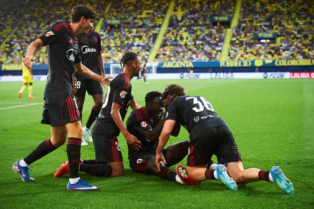 Sevilla players celebrates the goal of Akor Adams Sevilla FC during the LaLiga EA Sports match between Villarreal CF and Sevilla FC at Estadio de la Ceramica on May 13, 2026 in Villarreal, Spain Photo by Maria Jose Segovia DeFodi Images